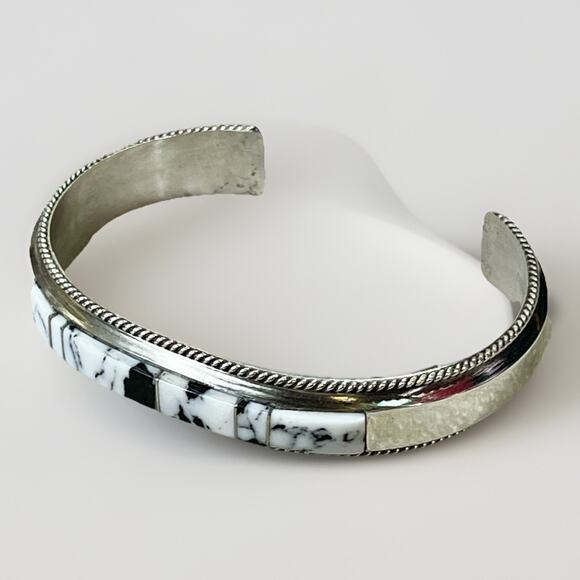 Navajo Handmade Sterling Silver White Buffalo Inlay Cuff Bracelet by F Yazzie - Picture 9 of 16